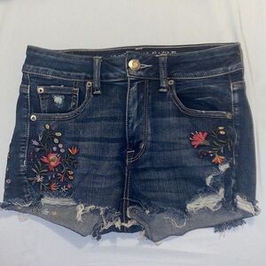 Blue Embroidered Jean Shorts